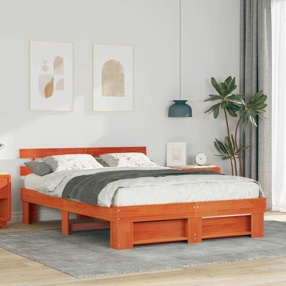 vidaXL Sängram med huvudgavel Vaxbrun 150 x 200 cm Massiv furu