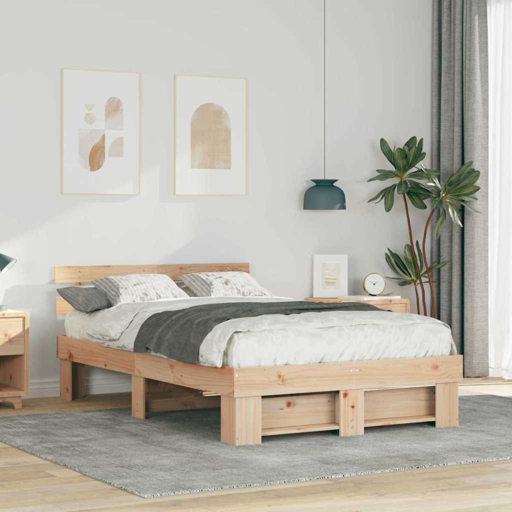 vidaXL Sängram med huvudgavel Brun 135 x 190 cm Massiv furu