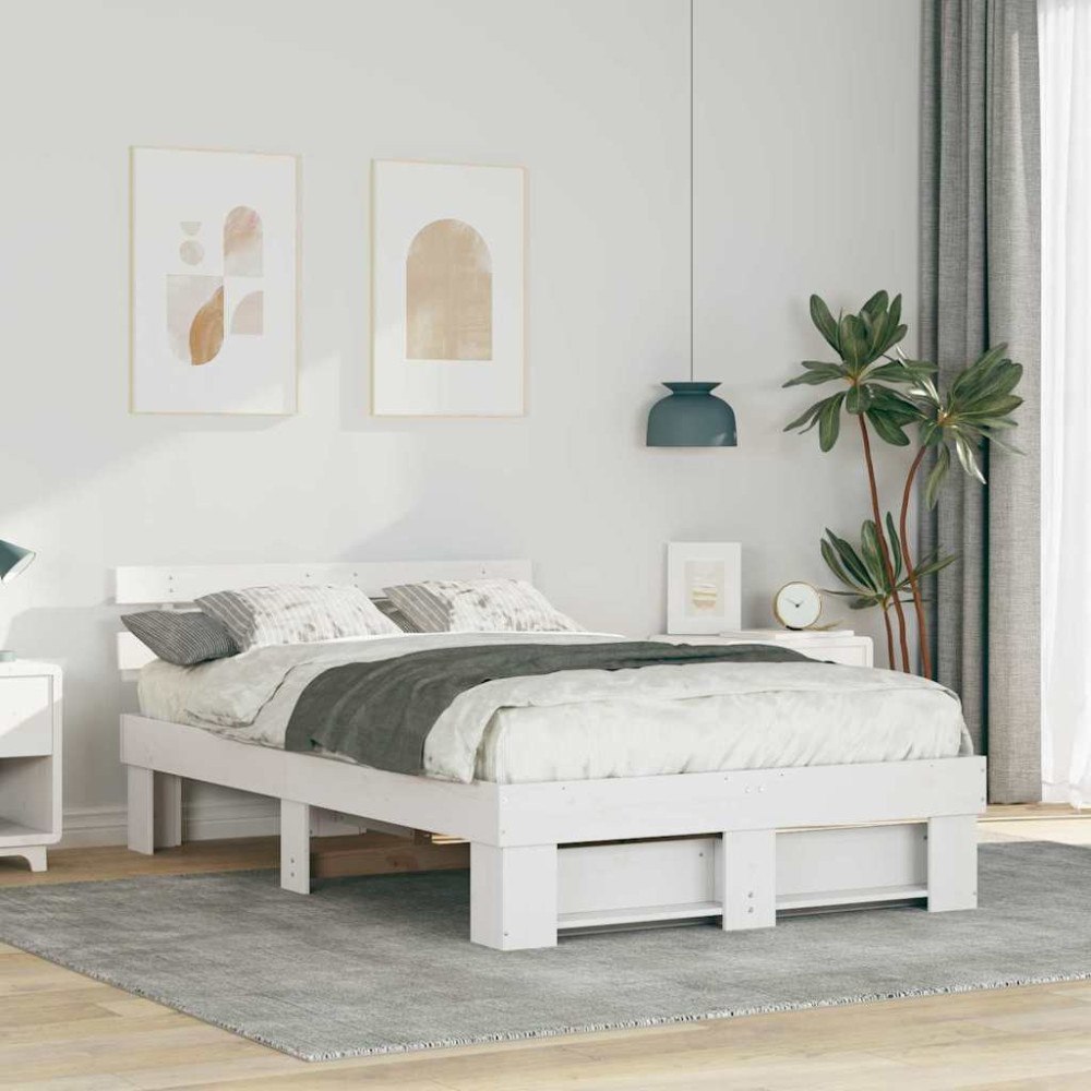 vidaXL Sängram med huvudgavel Vit 135 x 190 cm Massiv furu