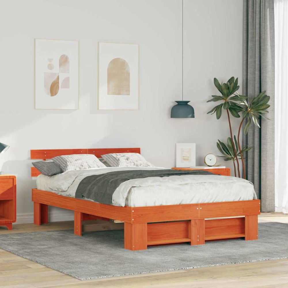 vidaXL Sängram med huvudgavel Vaxbrun 135 x 190 cm Massiv furu