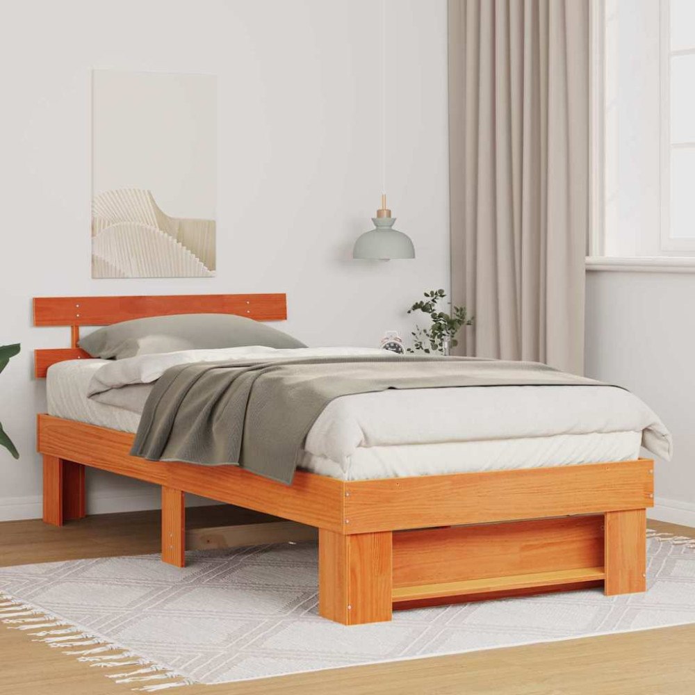 vidaXL Sängram med huvudgavel Vaxbrun 90 x 190 cm Massiv furu