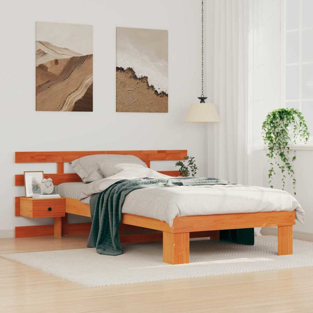 vidaXL Sängram med huvudgavel Vaxbrun 90 x 200 cm Massiv furu