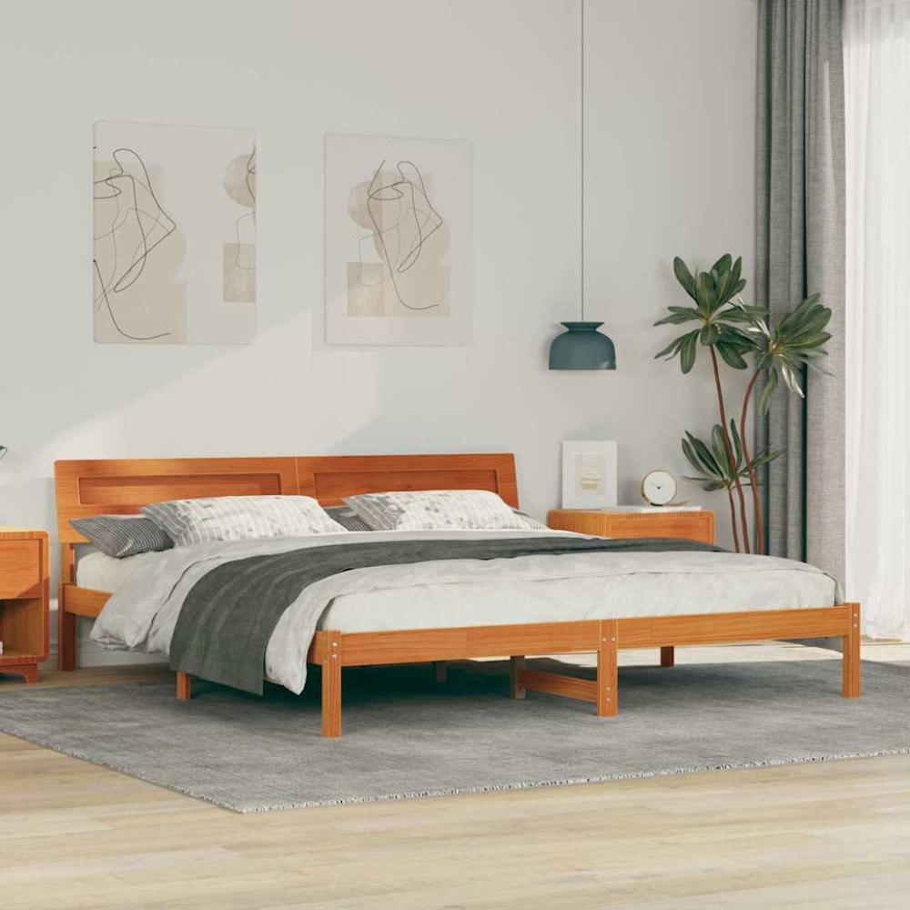 vidaXL Sängram med huvudgavel Vaxbrun 180 x 200 cm Massiv furu