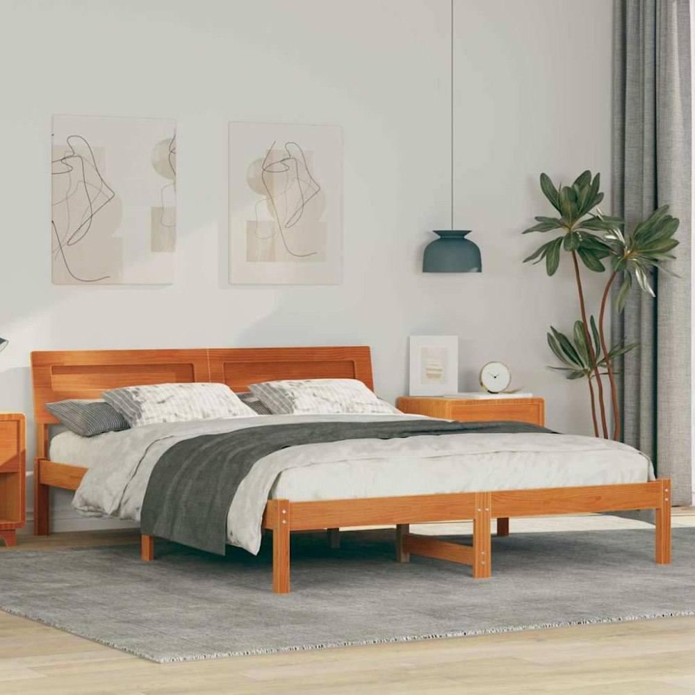 vidaXL Sängram med huvudgavel Vaxbrun 150 x 200 cm Massiv furu