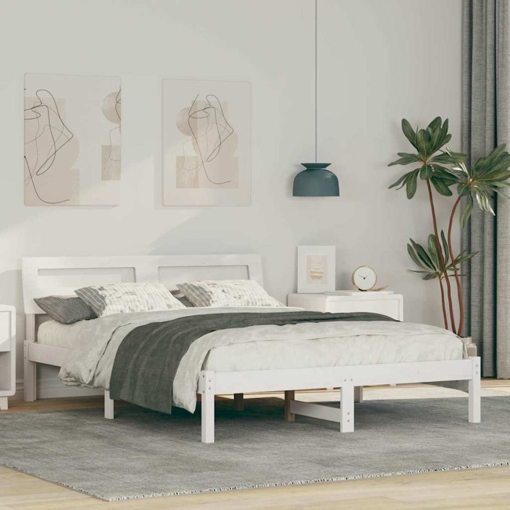 vidaXL Sängram med huvudgavel Vit 120 x 200 cm Massiv furu