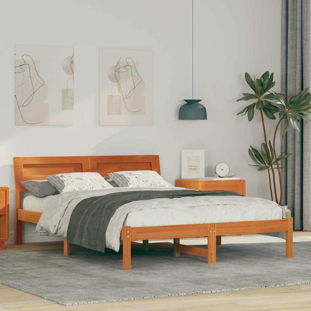 vidaXL Sängram med huvudgavel Vaxbrun 140 x 190 cm Massiv furu