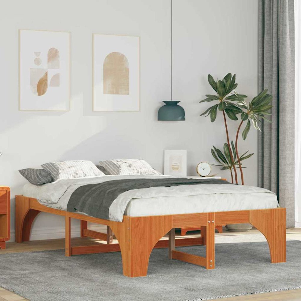vidaXL Sängram Brun 135 x 190 cm Massiv furu