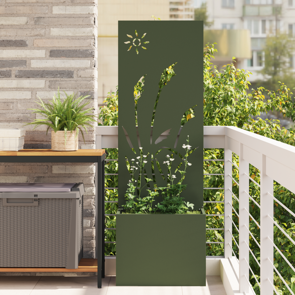 vidaXL Trädgårdsplanterare med dekorativ panel Olivgrön 50 x 140 cm