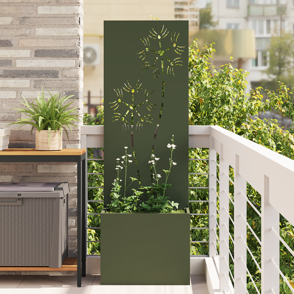 vidaXL Trädgårdsplanterare med dekorativ panel Olivgrön 50 x 140 cm