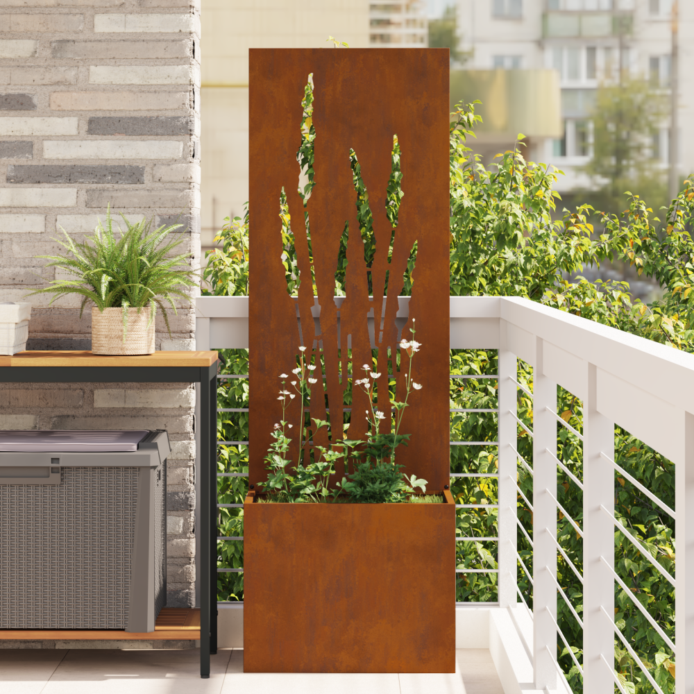 vidaXL Trädgårdsplanterare med dekorativ panel Rostig 50 x 140 cm