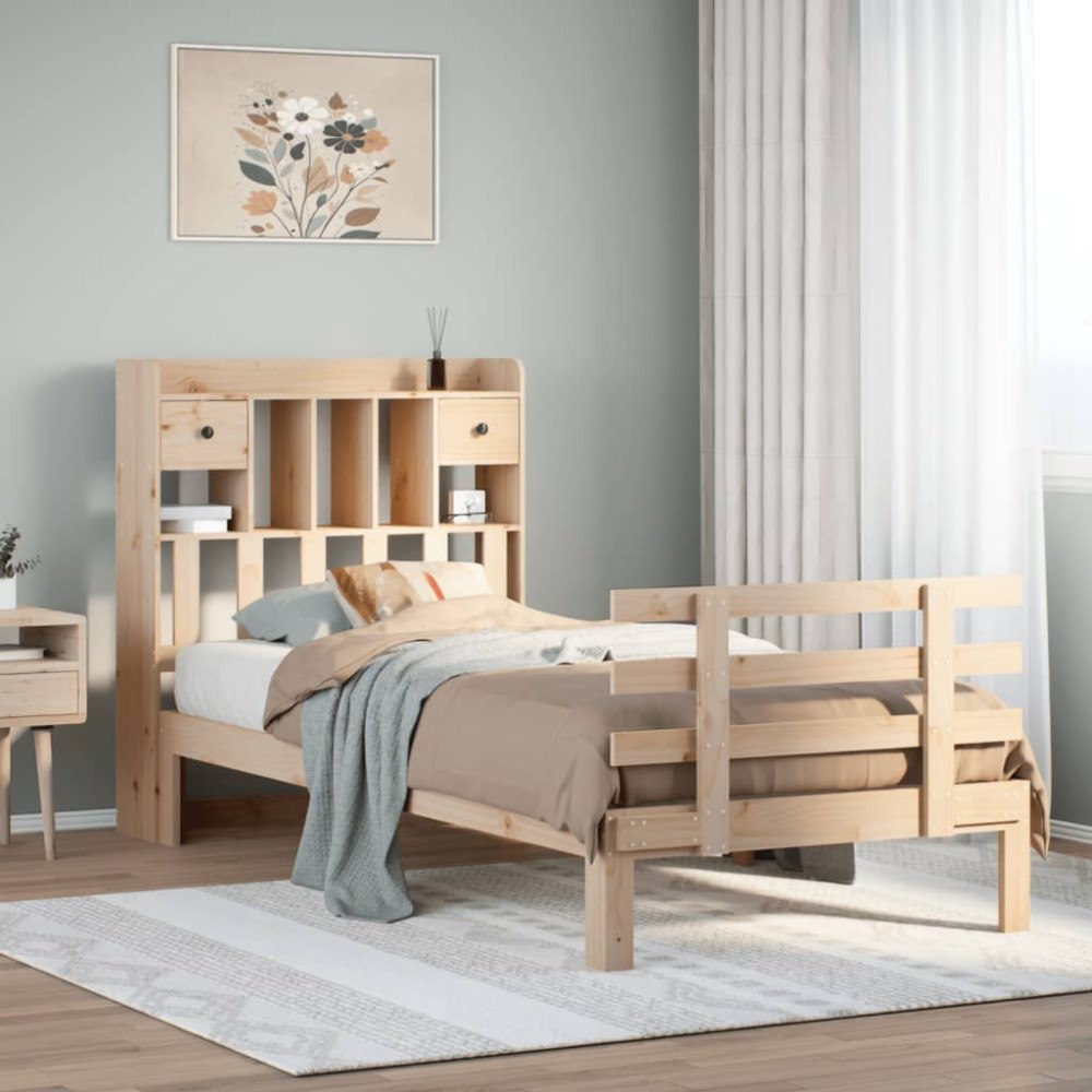 vidaXL Säng med bokhylla utan madrass 90x190cm massiv furu
