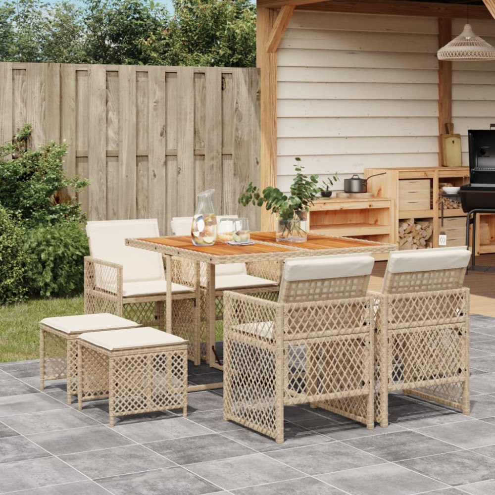 vidaXL Matgrupp för trädgården med dynor 9 delar beige konstrotting