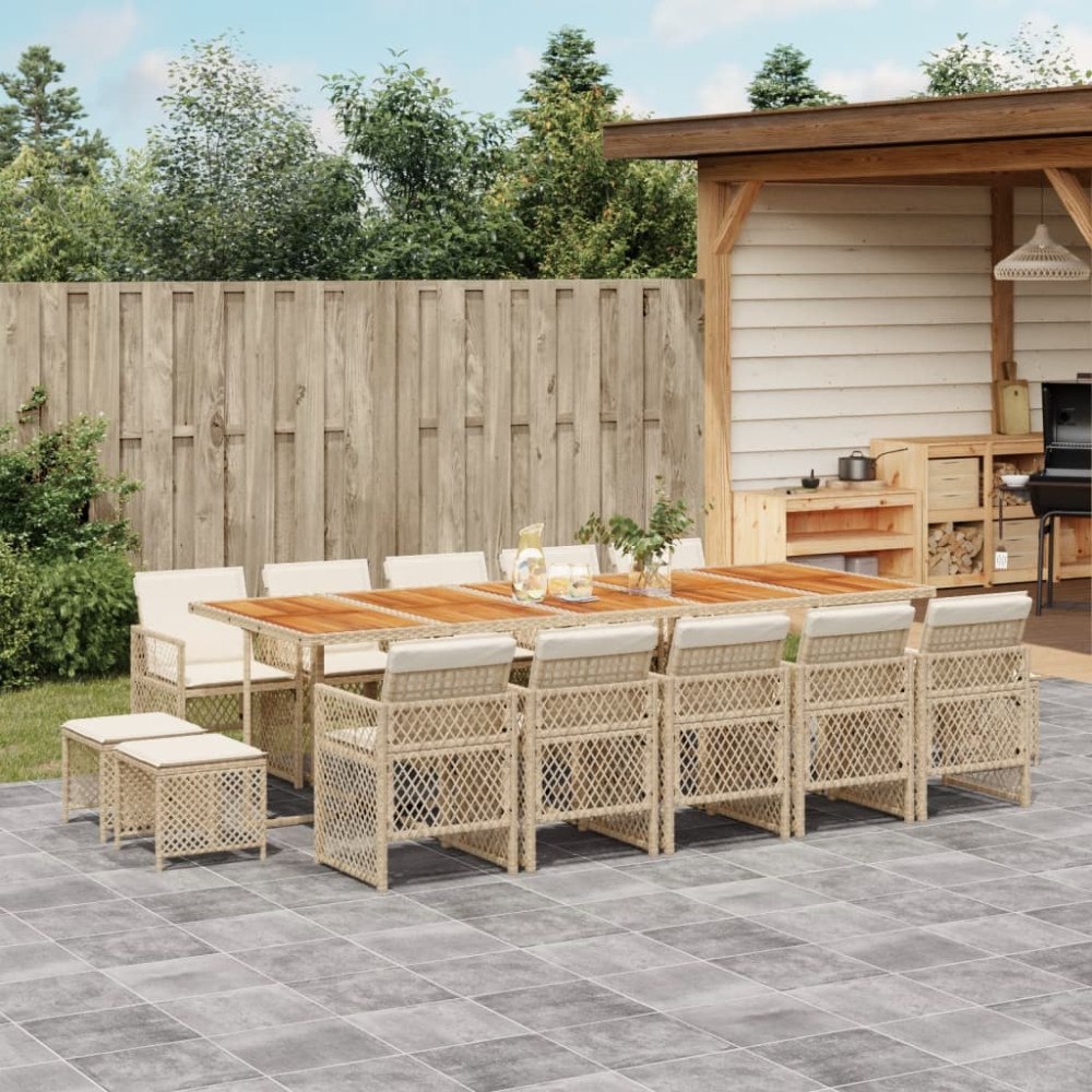 vidaXL Matgrupp för trädgården med dynor 15 delar beige konstrotting