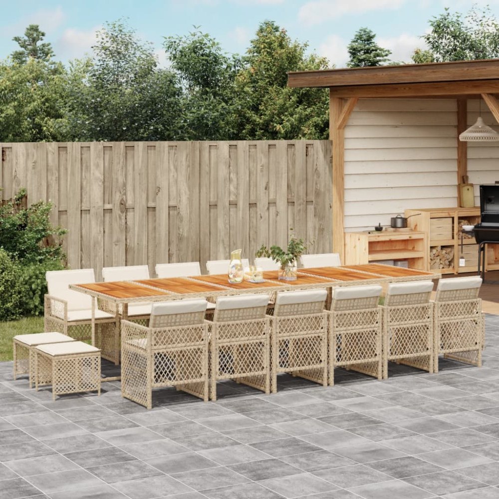 vidaXL Matgrupp för trädgården med dynor 17 delar beige konstrotting