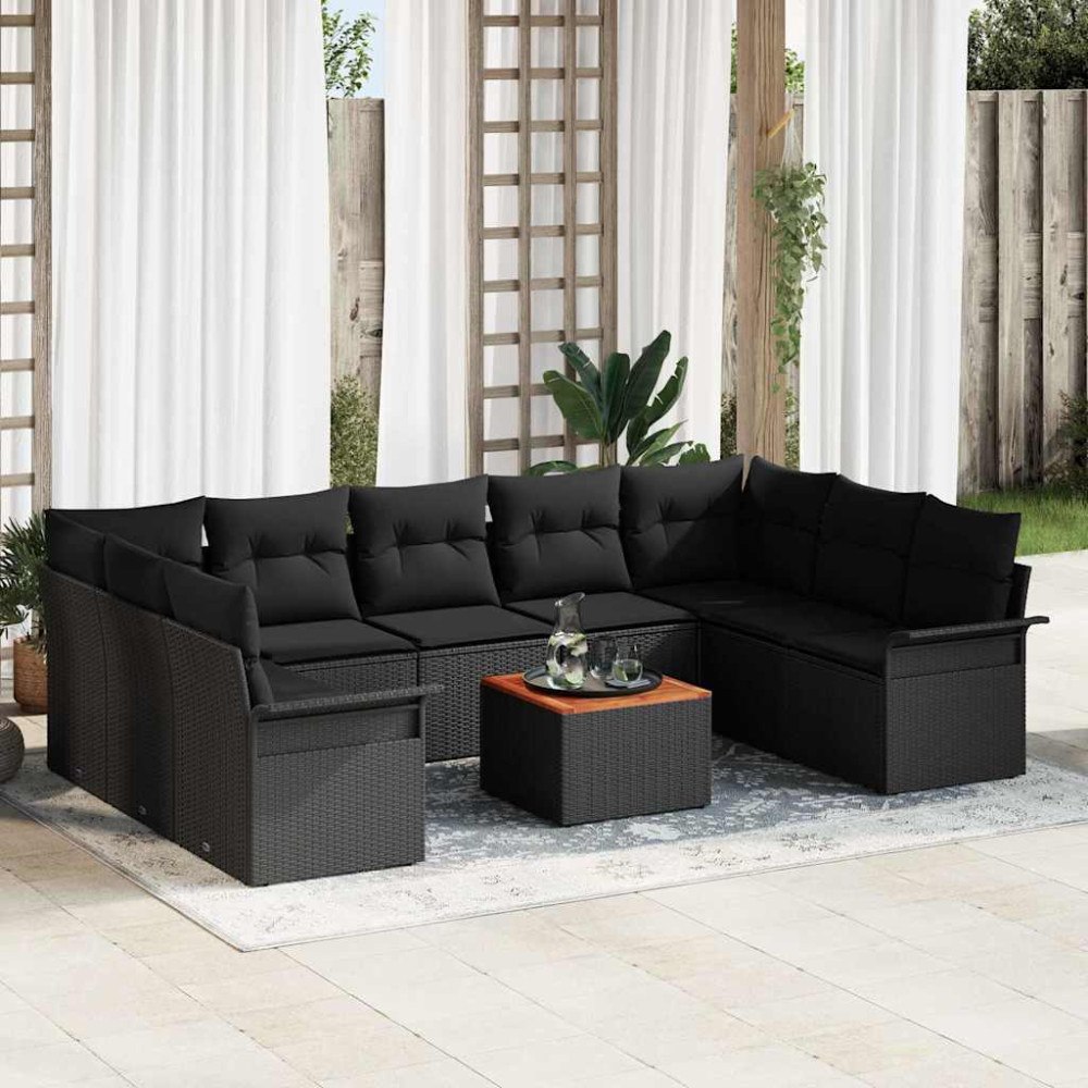 vidaXL Trädgårdsoffset 10 pcs Svart Poly rattan