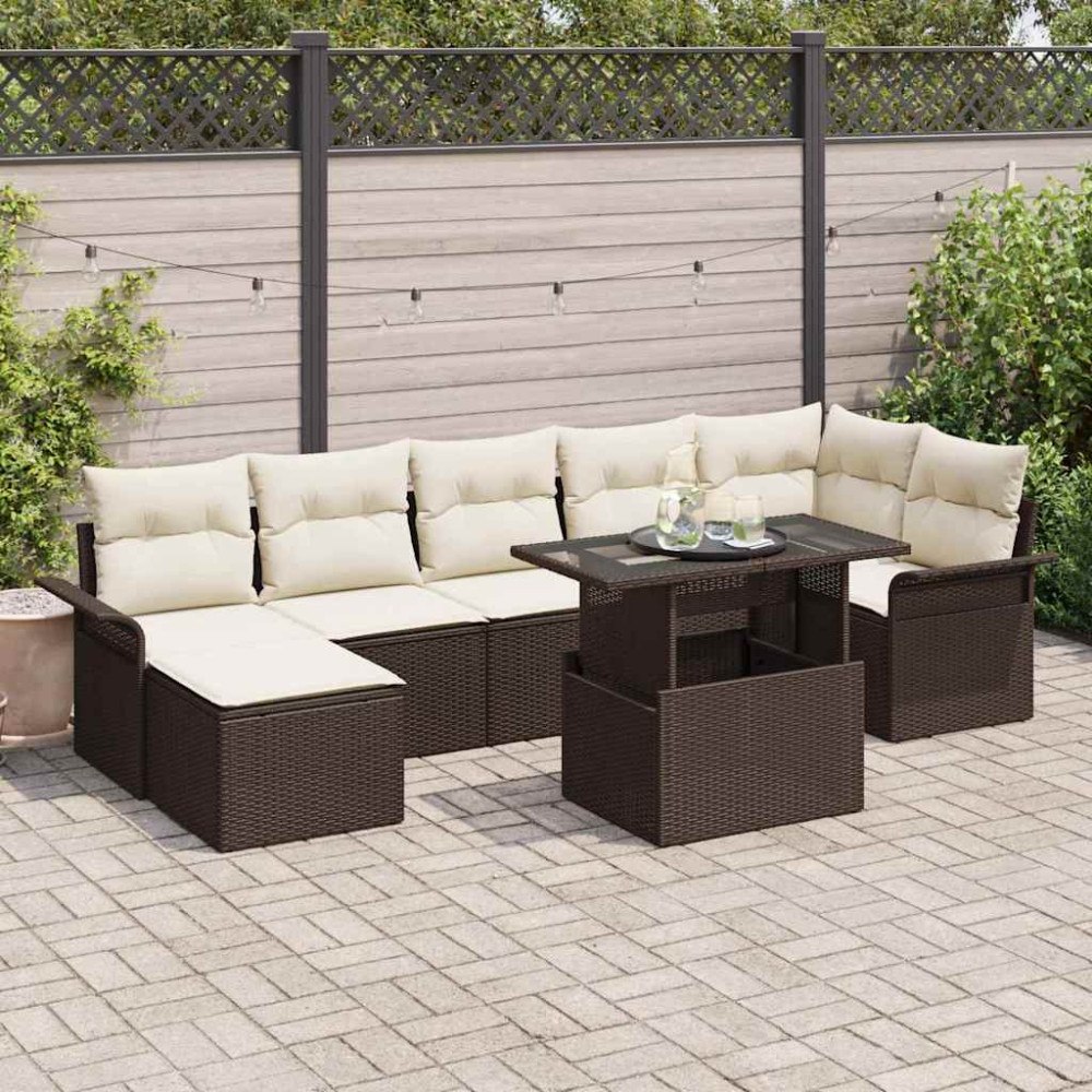 vidaXL Trädgårdsoffset med kudde 8 pcs Brun Poly rattan