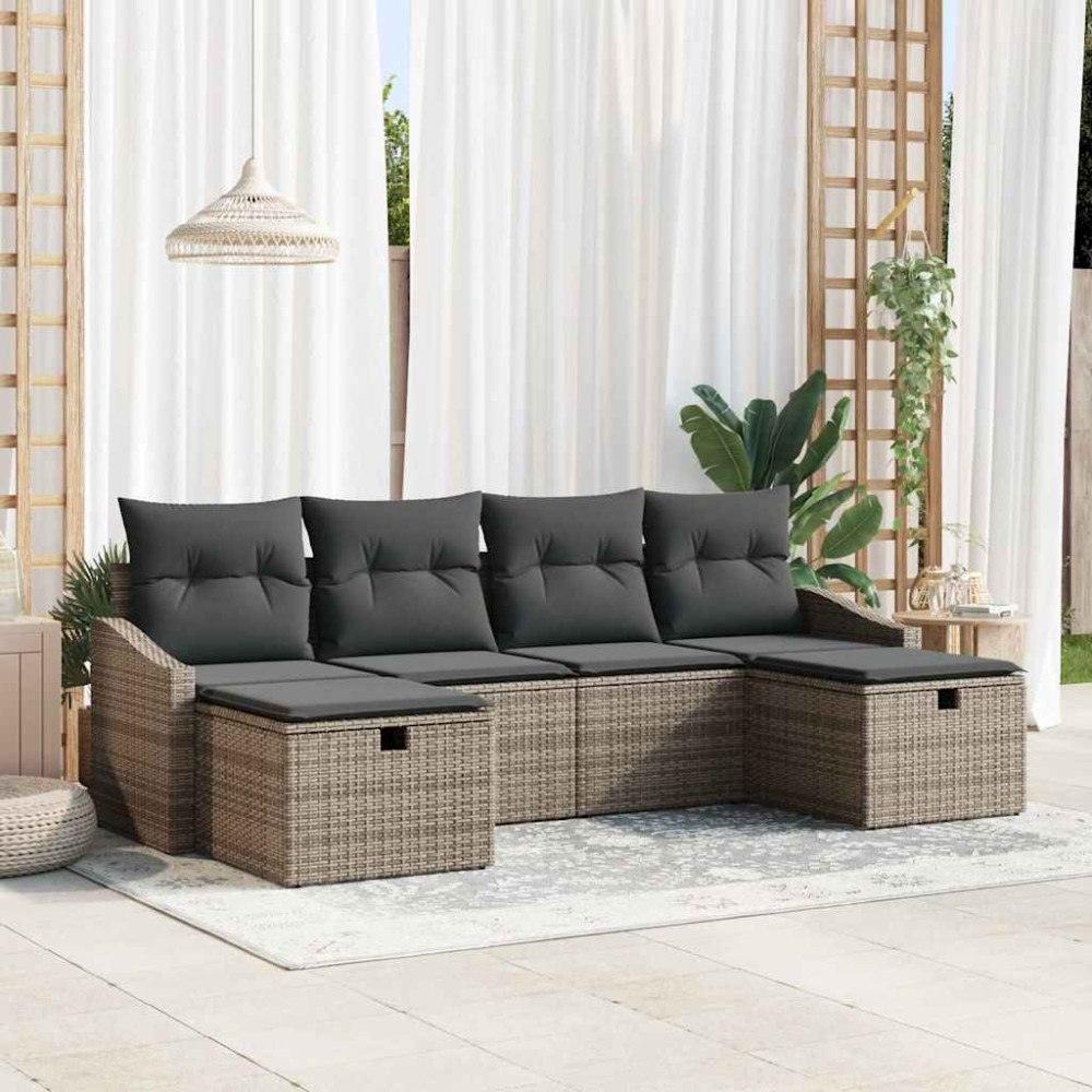 vidaXL Trädgårdsoffset med kudde 6 pcs Grå Poly rattan