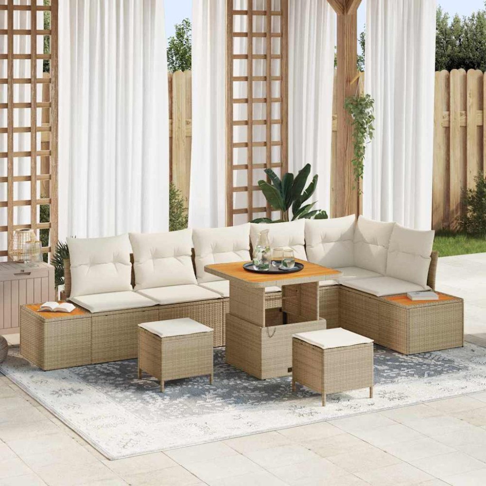 vidaXL Trädgårdsoffset med kudde med lagring 9 pcs Beige Poly rattan