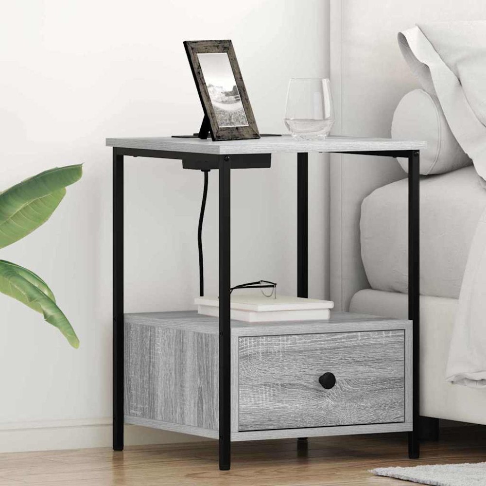 vidaXL Sängbord med laddningsstation 2 pcs Grå sonoma Konstruerat trä