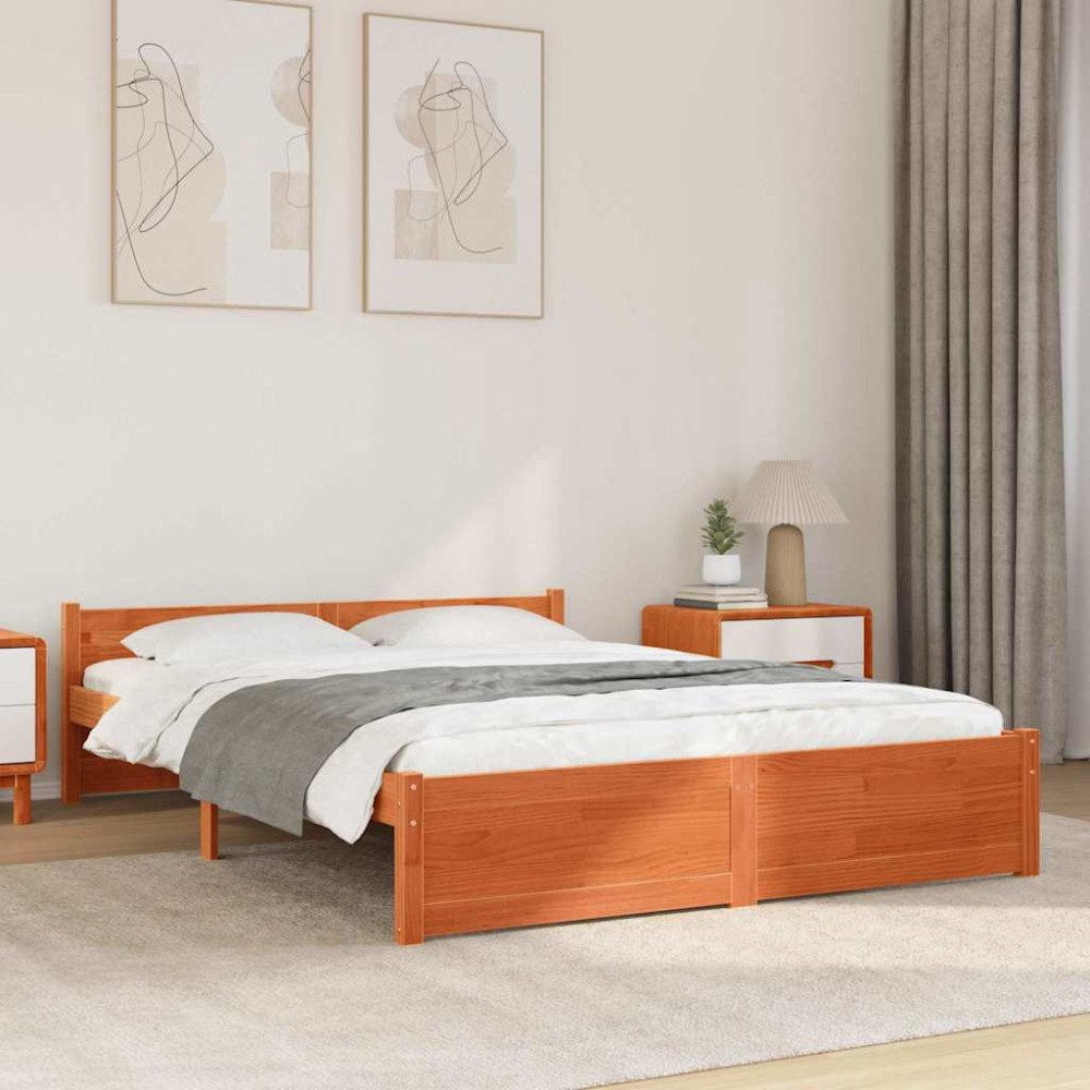 vidaXL Sängram Vaxbrun 205,5 x 155,5 x 51 cm Massiv furu