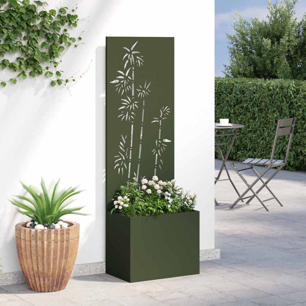 vidaXL Trädgårdsplanterare med dekorativ panel Olivgrön 50 x 140 cm