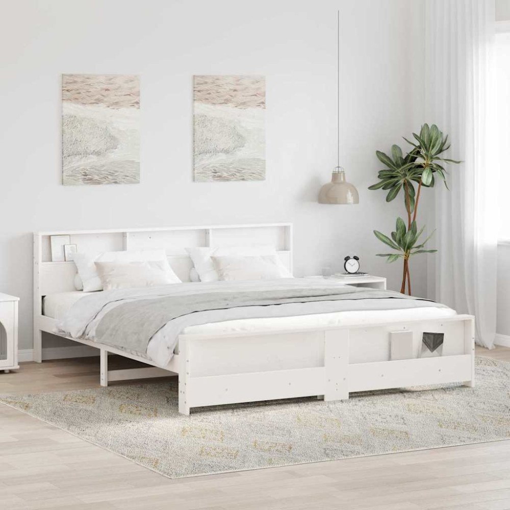 vidaXL Sängram med hylla med huvudgavel Vit 180 x 200 cm Massivt furu