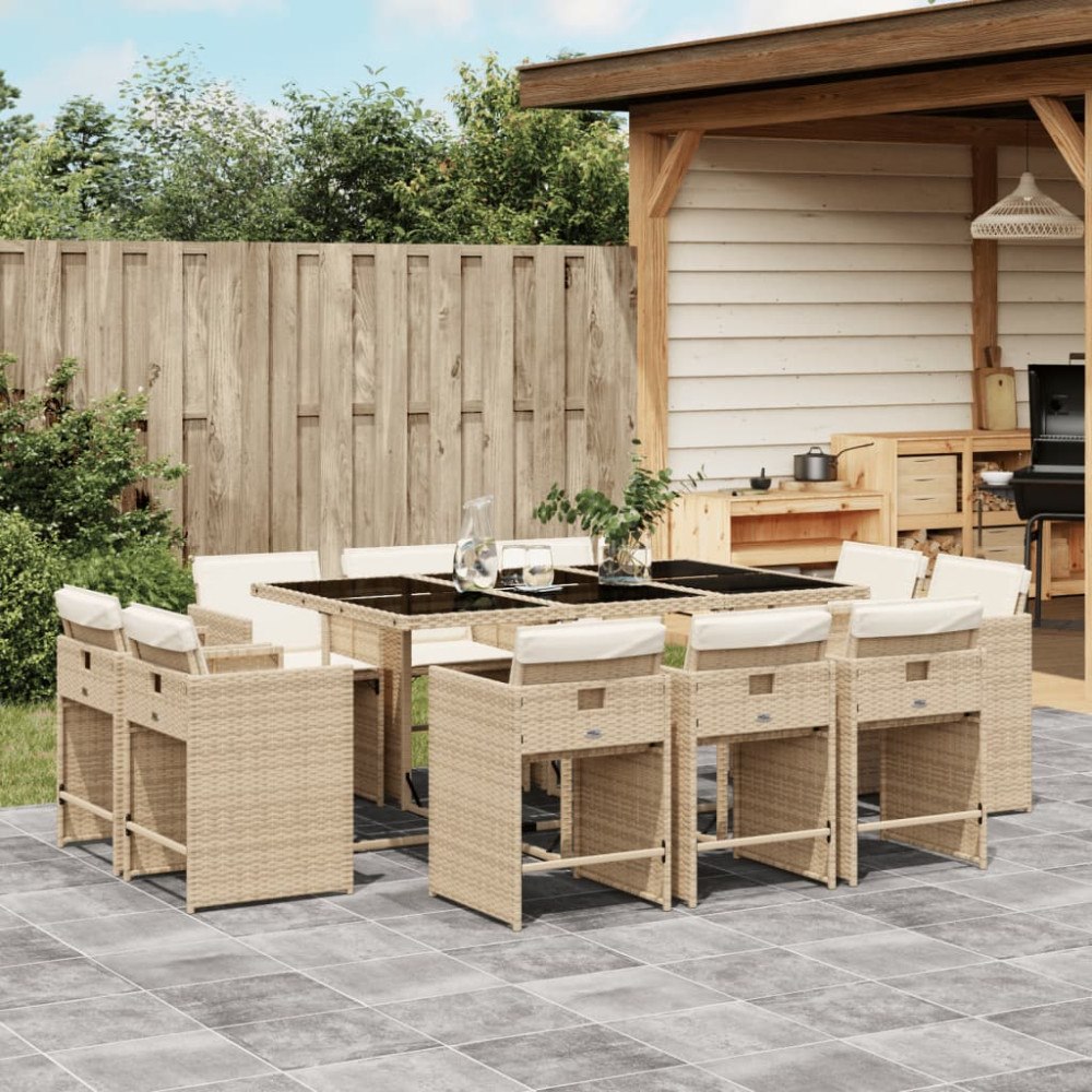 vidaXL Matgrupp för trädgården med dynor 11 delar beige konstrotting