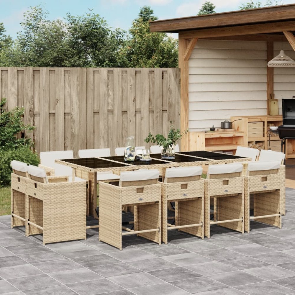 vidaXL Matgrupp för trädgården med dynor 13 delar beige konstrotting