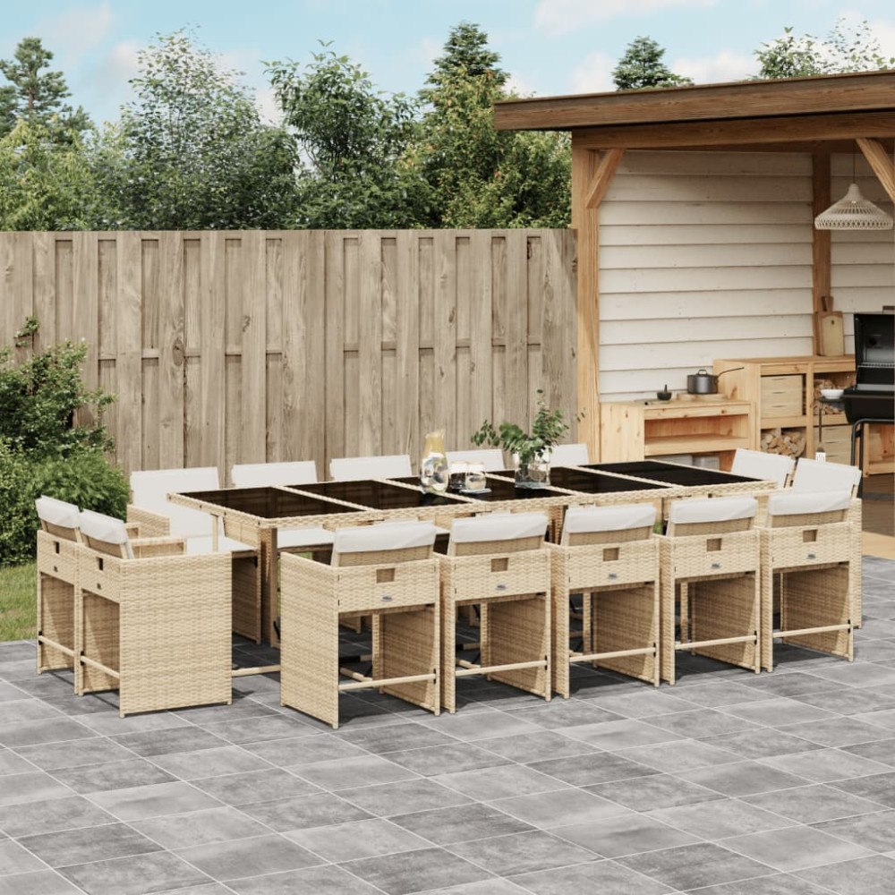 vidaXL Matgrupp för trädgården med dynor 15 delar beige konstrotting
