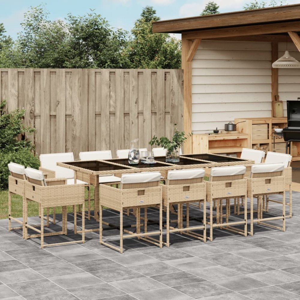 vidaXL Matgrupp för trädgården med dynor 13 delar beige konstrotting