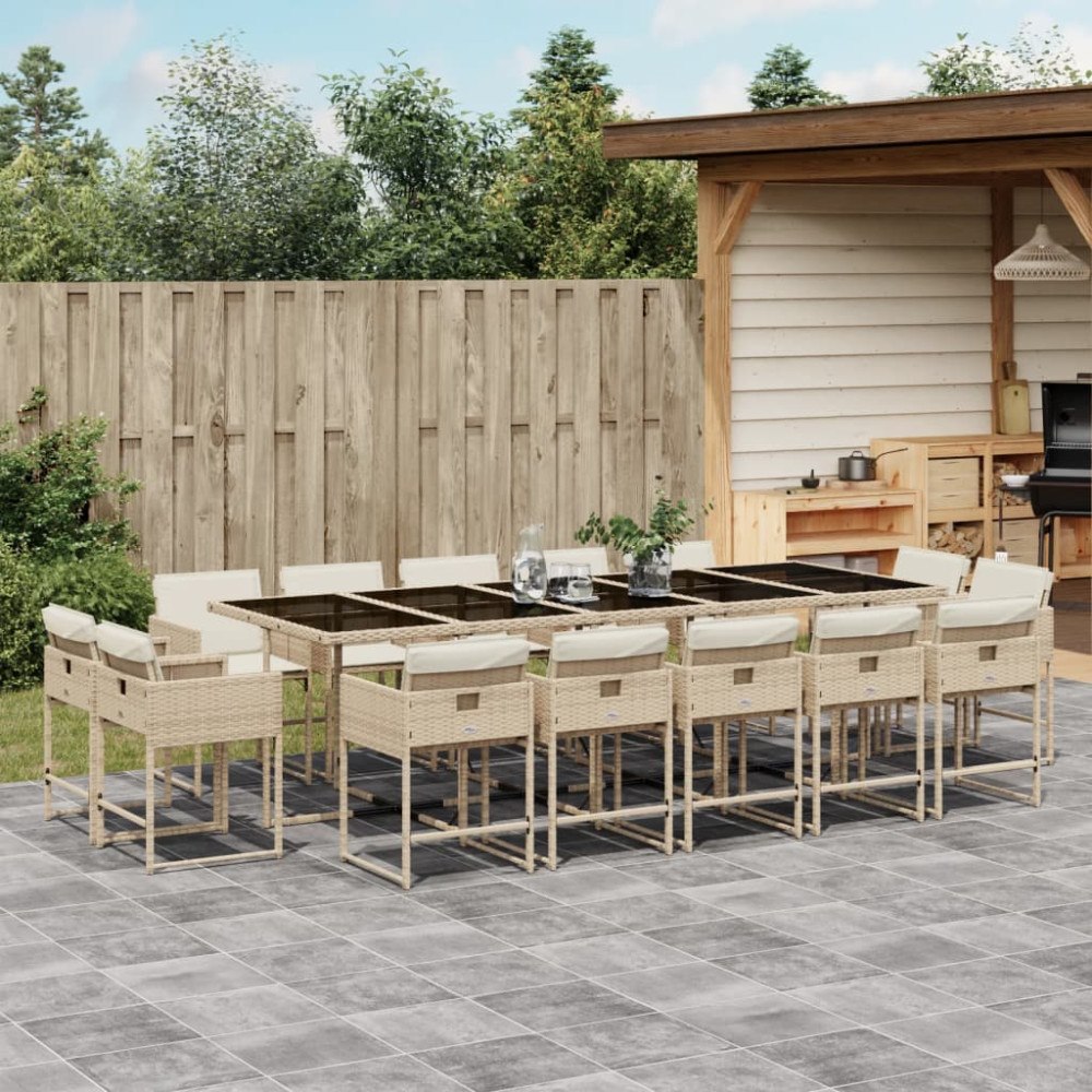 vidaXL Matgrupp för trädgården med dynor 15 delar beige konstrotting
