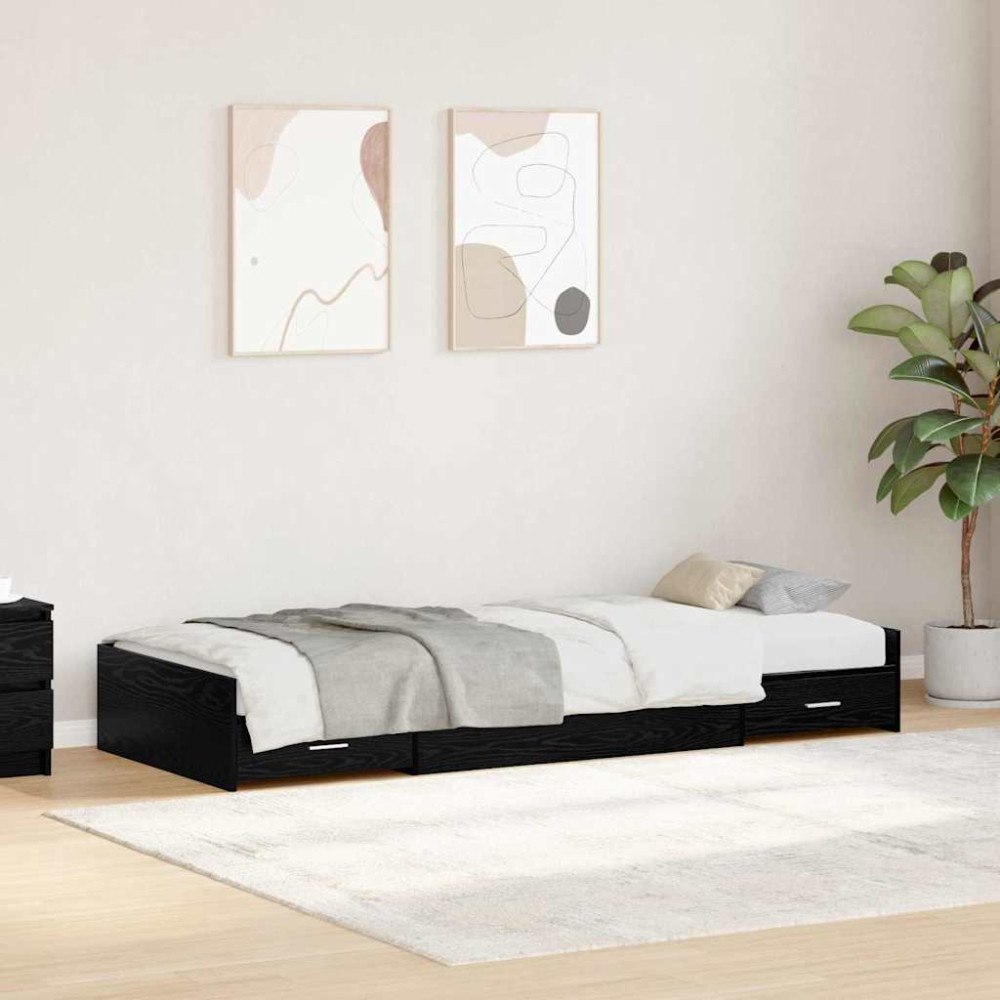 vidaXL Förvaringssängram med huvudgavel Svart Ek 75 x 190 cm Konstruerat trä