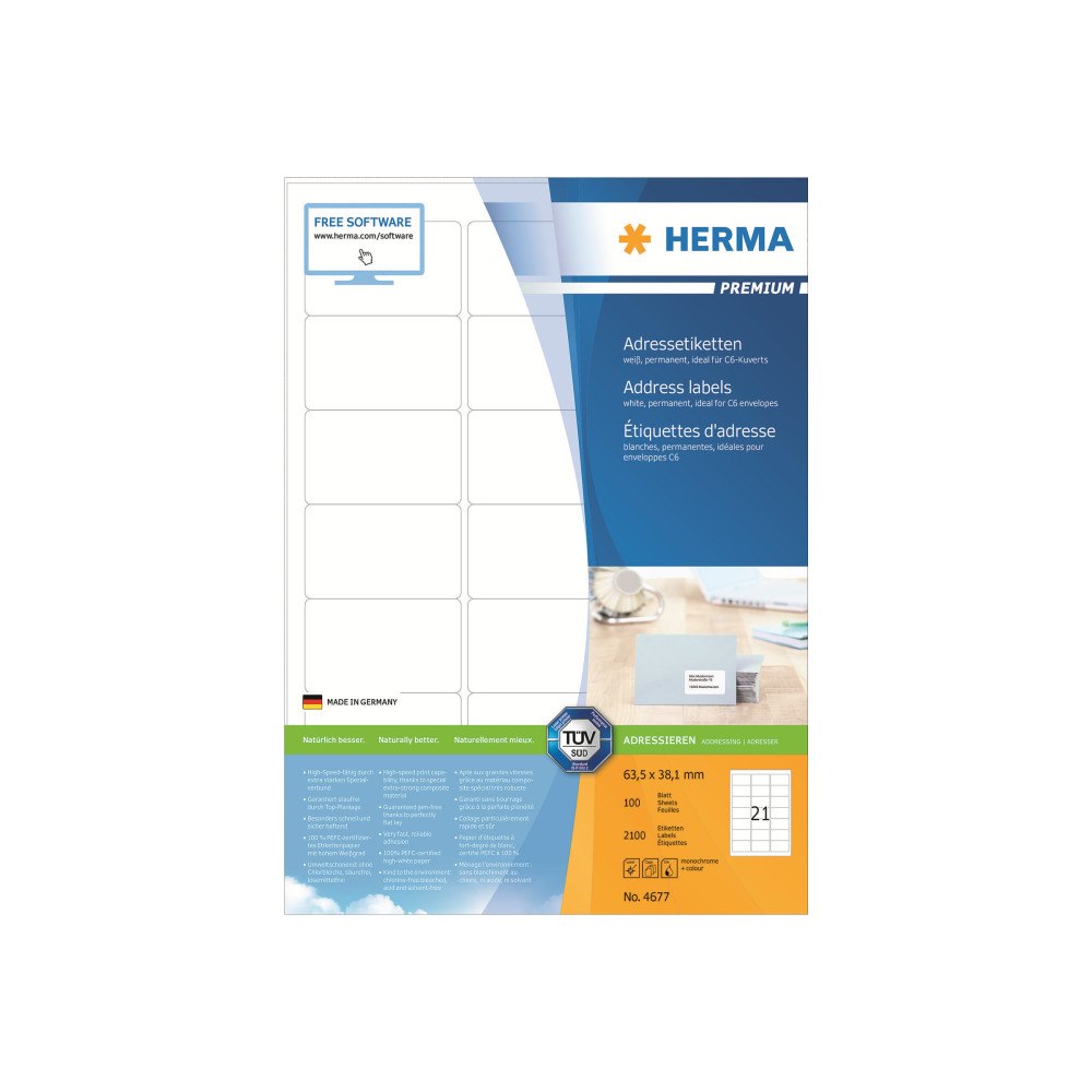 HERMA HERMA Premium - laminerade adressetiketter - matt - 2100 etikett (er) - 63.5 x 38.1 mm