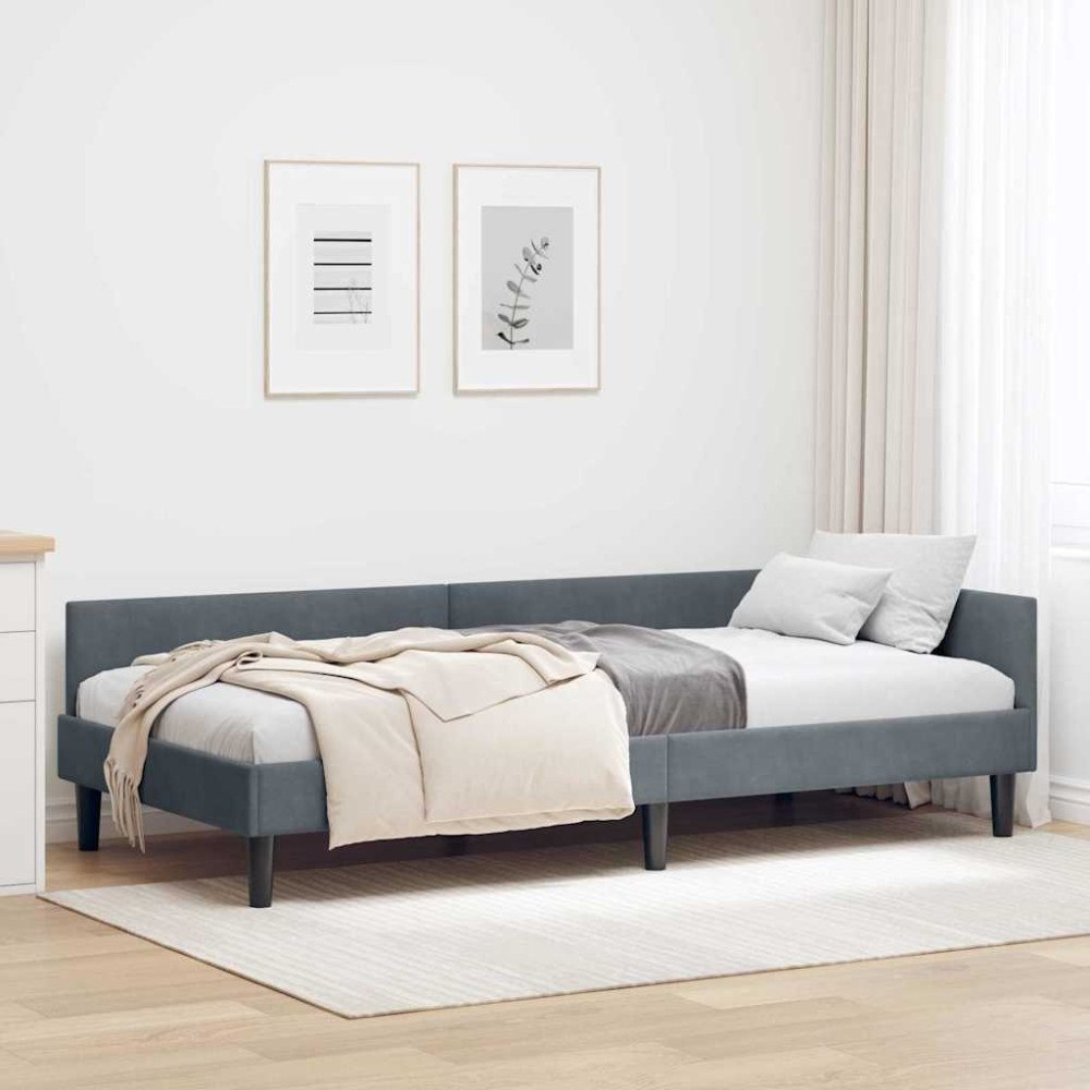 vidaXL Hörn sängram Mörkgrå 90 x 200 cm Sammet och konstruerat trä