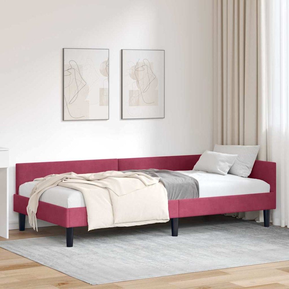 vidaXL Hörn sängram Vinröd 90 x 200 cm Sammet och konstruerat trä