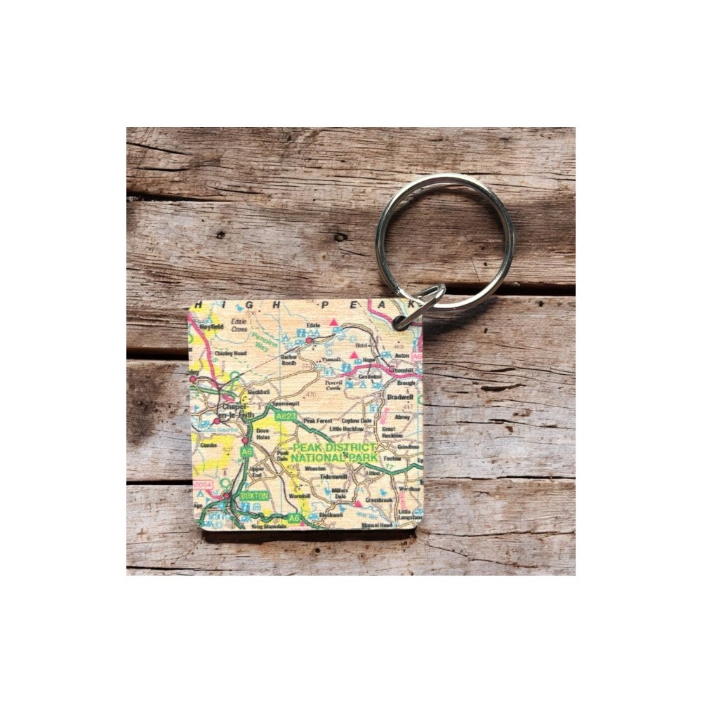 The Sugar Shed OS Map Wooden Square Key-ring - Peak District National Park
