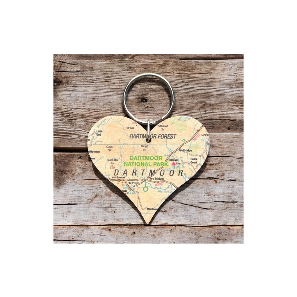The Sugar Shed OS Map Wooden Heart Key-ring - Dartmoor National Park