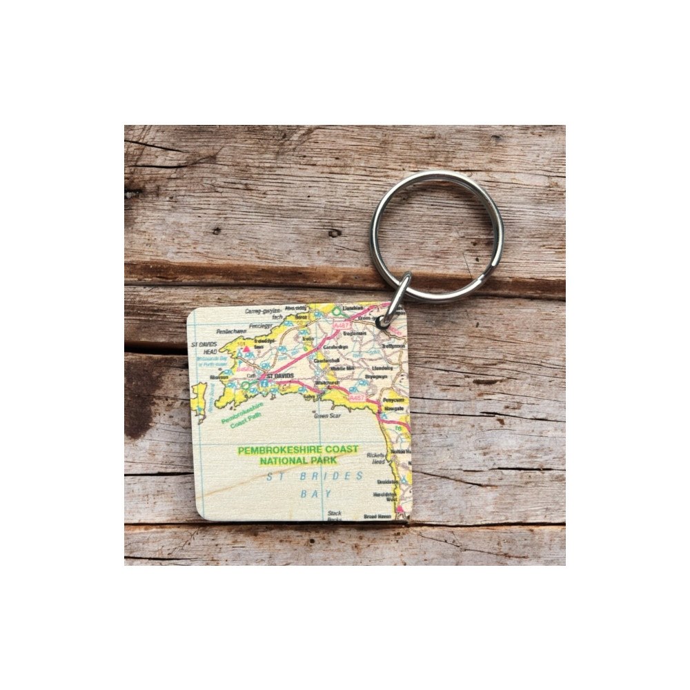 The Sugar Shed OS Map Wooden Square Key-ring - Pembrokeshire Coast National Park