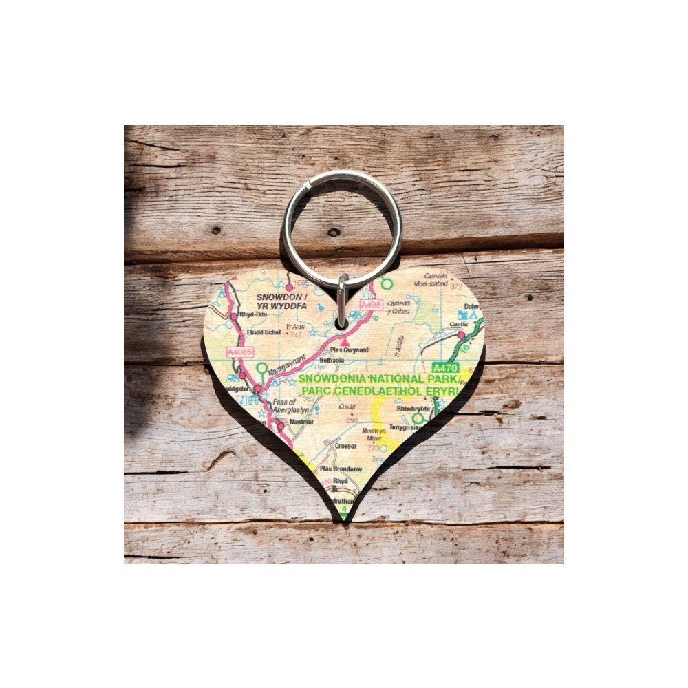 The Sugar Shed OS Map Wooden Heart Key-ring - Snowdonia National Park