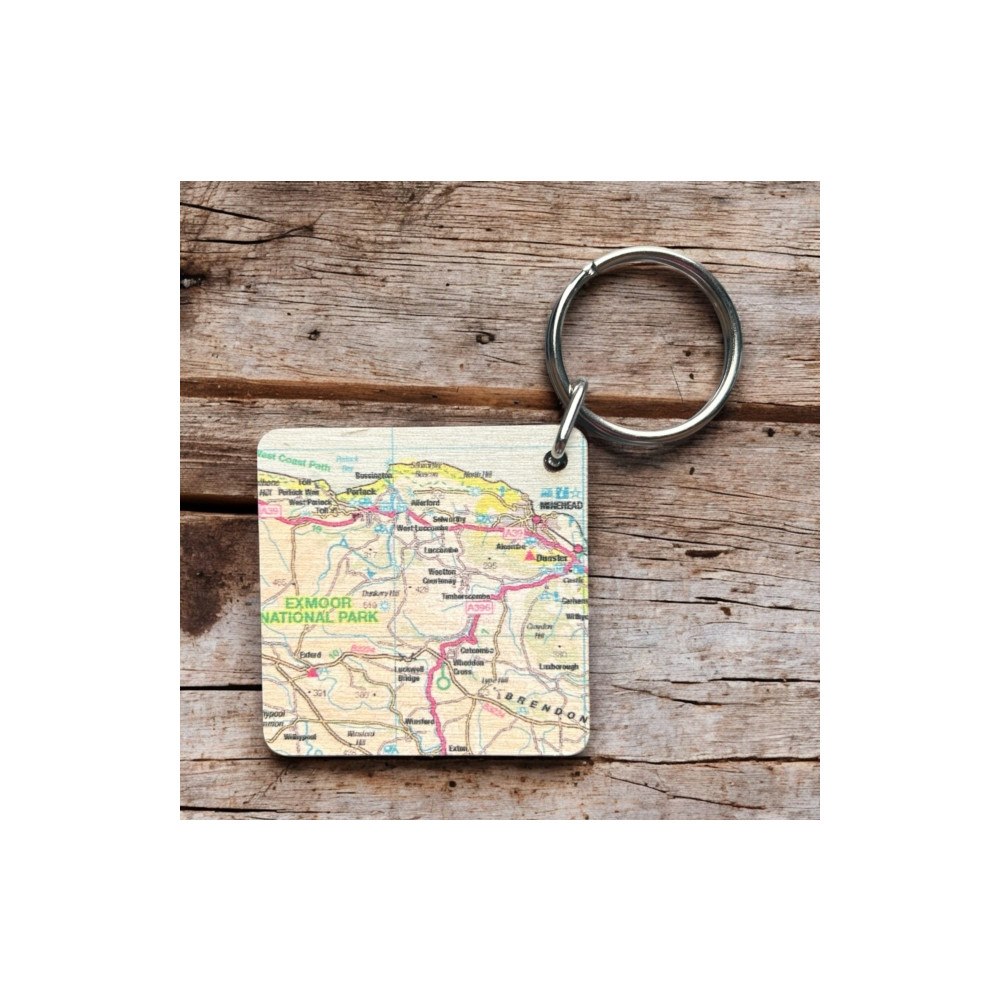 The Sugar Shed OS Map Wooden Square Key-ring - Exmoor National Park