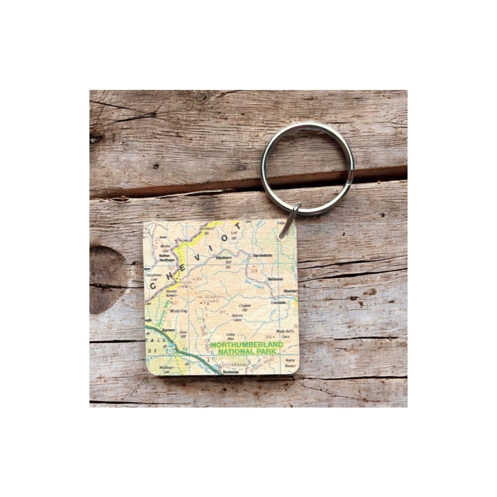 The Sugar Shed OS Map Wooden Square Key-ring - Northumberland National Park