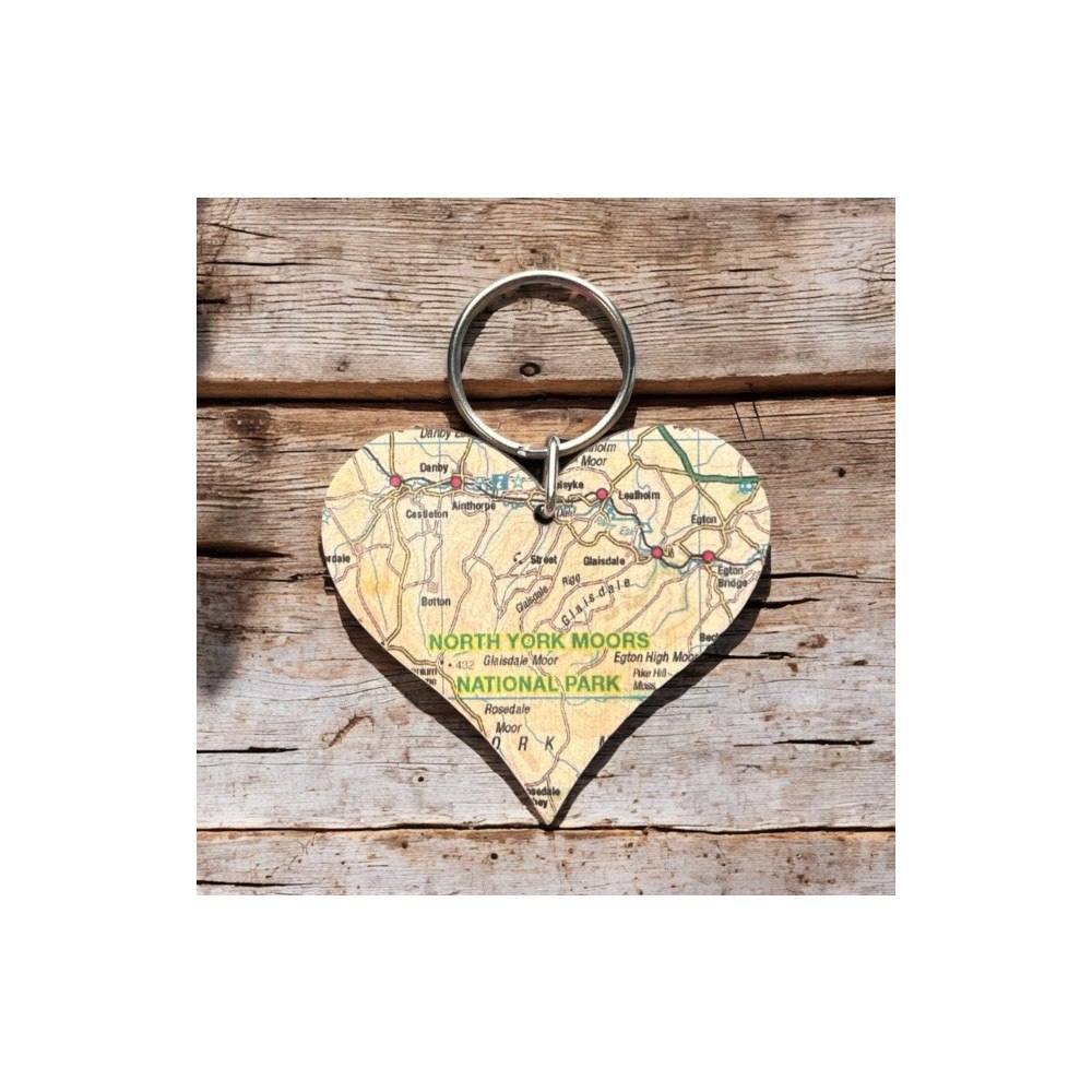 The Sugar Shed OS Map Wooden Heart Key-ring - North York Moors National Park