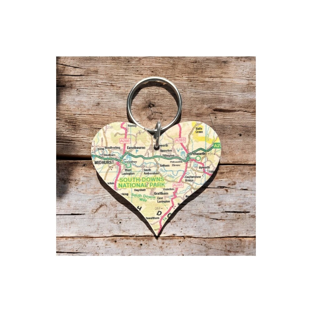 The Sugar Shed OS Map Wooden Heart Key-ring - South Downs National Park
