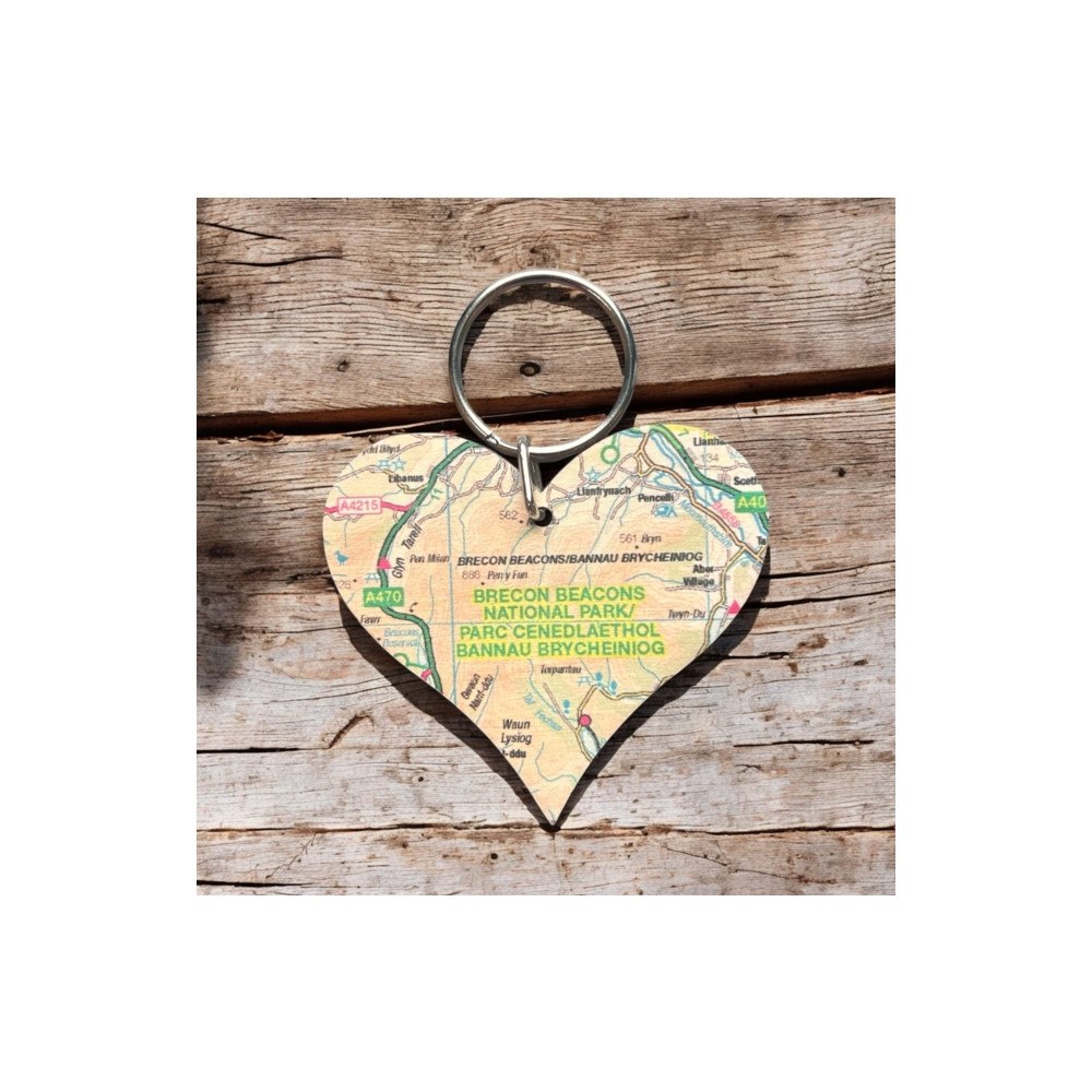 The Sugar Shed OS Map Wooden Heart Key-ring - Brecon Beacons National Park