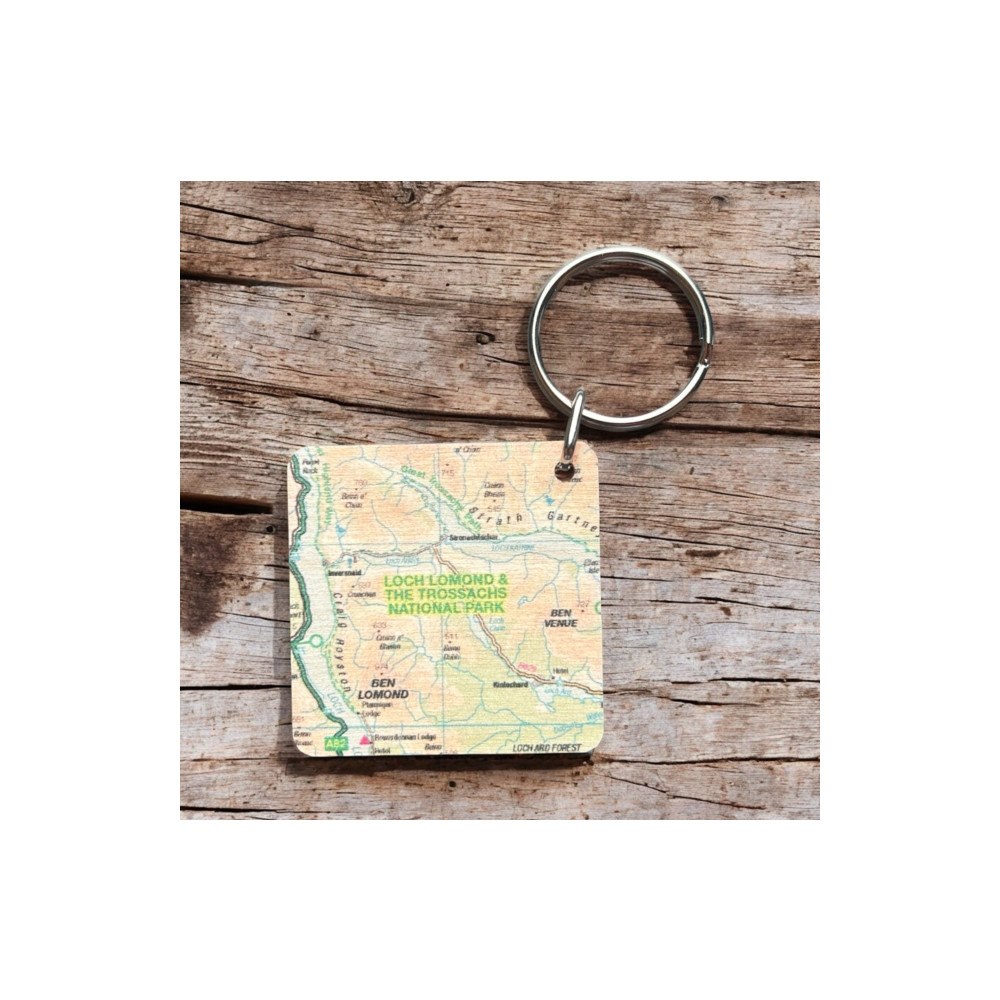 The Sugar Shed OS Map Wooden Square Key-ring - Loch Lomond and The Trossachs National Park