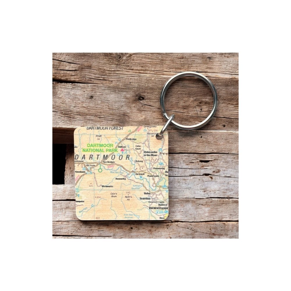 The Sugar Shed OS Map Wooden Square Key-ring - Dartmoor National Park