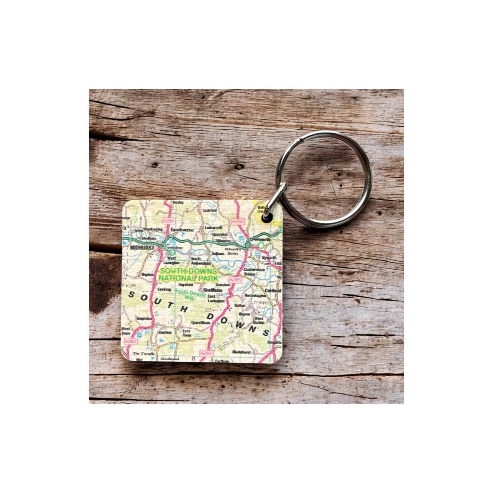 The Sugar Shed OS Map Wooden Square Key-ring - South Downs National Park
