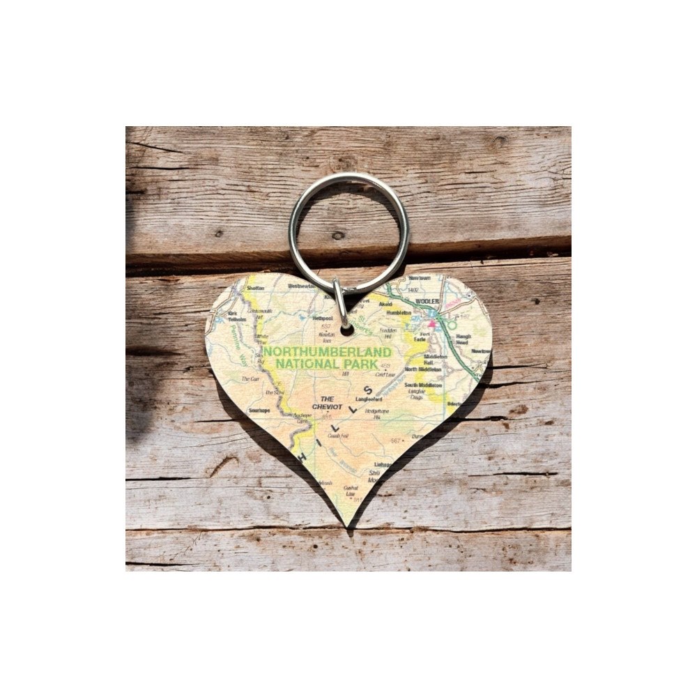 The Sugar Shed OS Map Wooden Heart Key-ring - Northumberland National Park