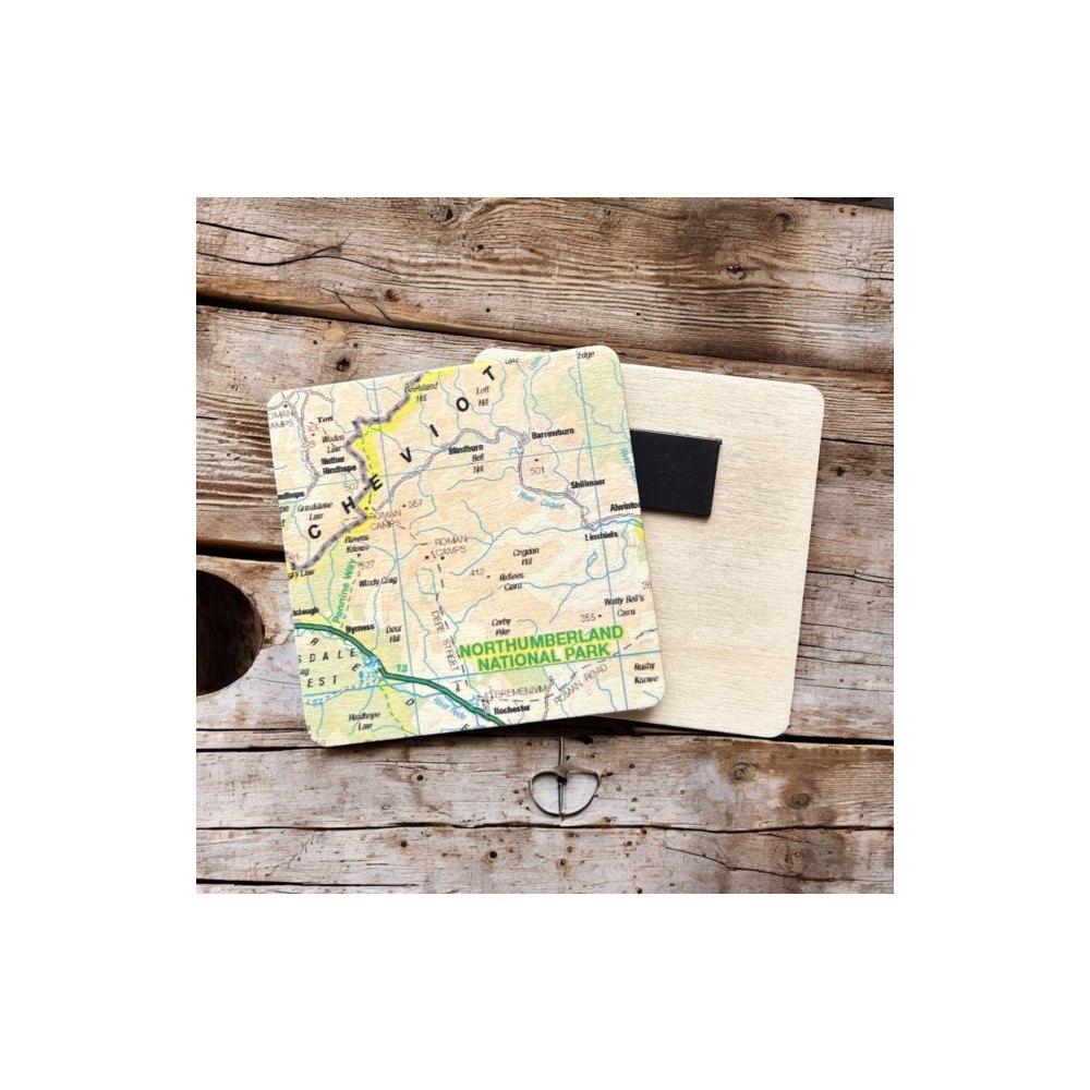 The Sugar Shed OS Map Wooden Square Magnet - Northumberland National Park