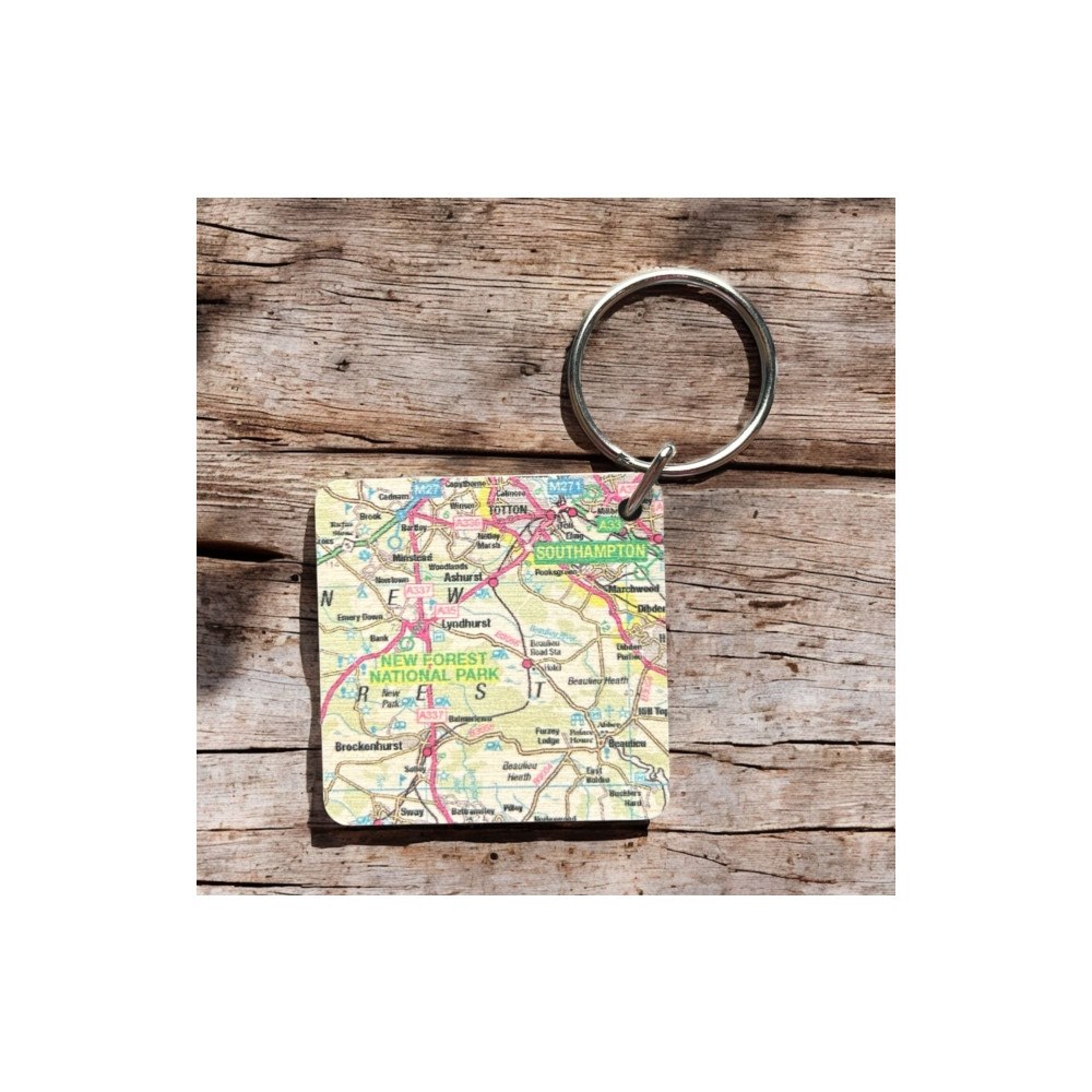 The Sugar Shed OS Map Wooden Square Key-ring - New Forest National Park